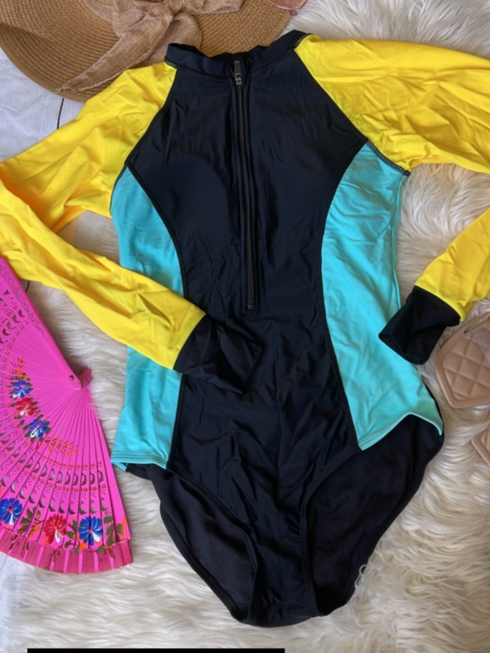 Long-Sleeve One-Piece Swimsuit in Yellow, Black & Aqua - Front Zip